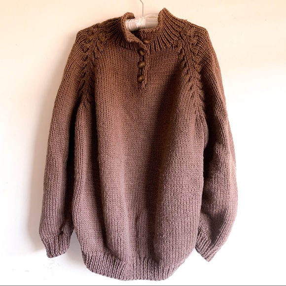 Handmade Sweaters - Handknit Oversize Chunky Brown Henley Sweater M/L